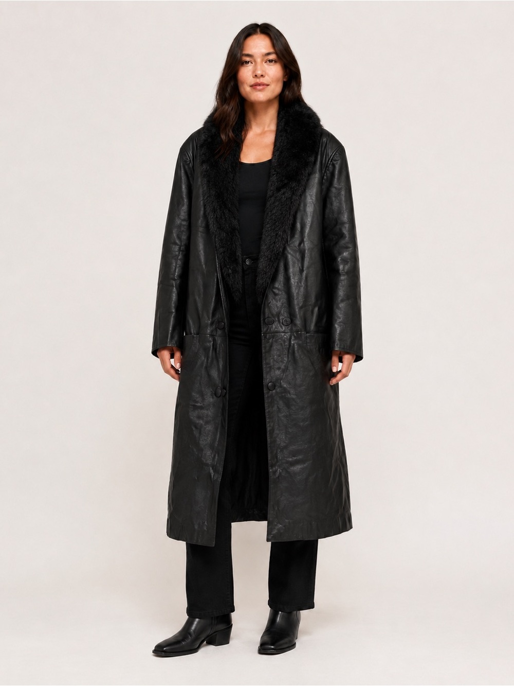 Le Baz Black Real Leather Long Coat with Faux Fur Collar Size S Paris NY London